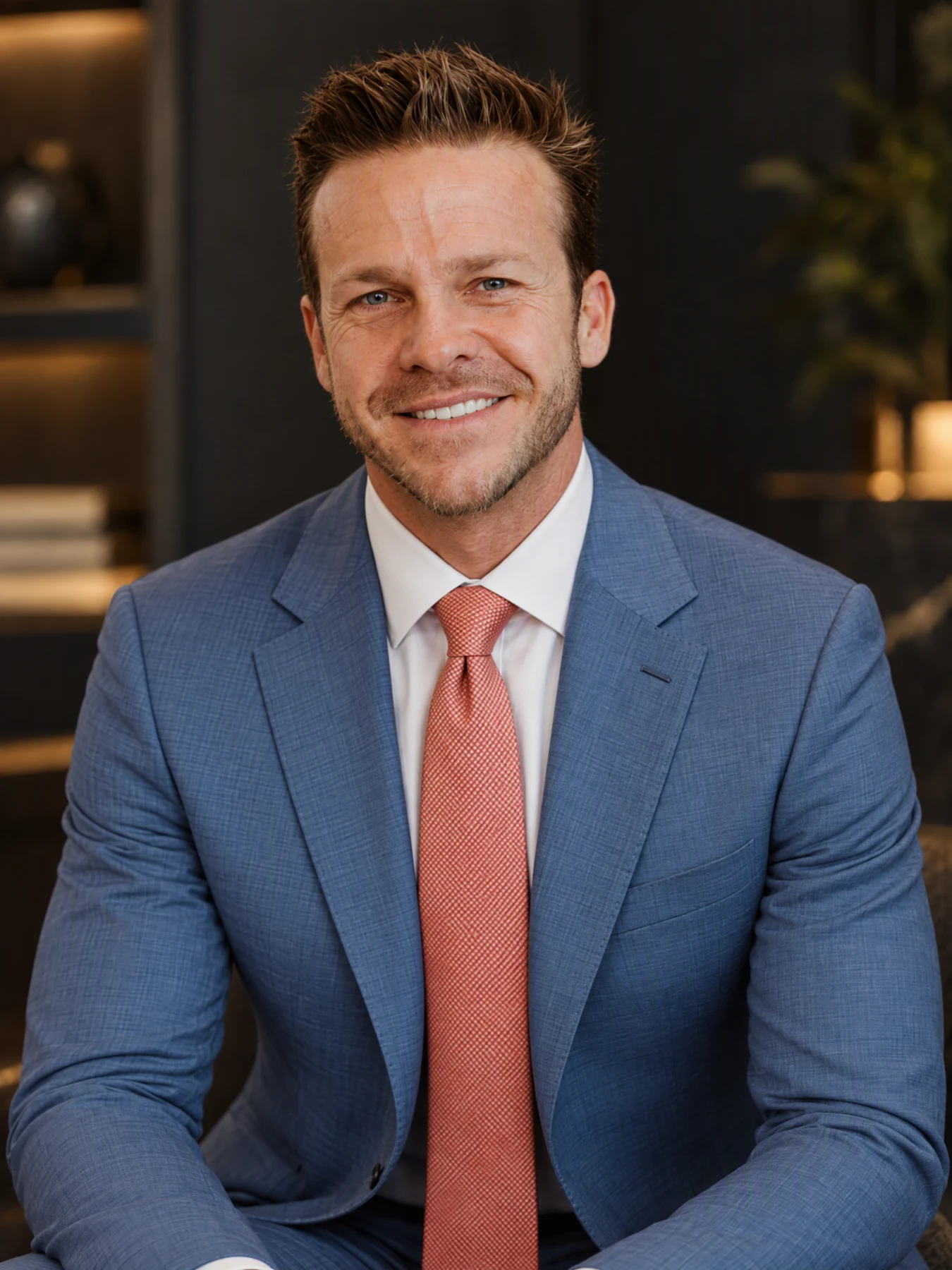 Chris Wolfe, El Dorado Hills and Serrano Realtor, in a blue suit and salmon tie