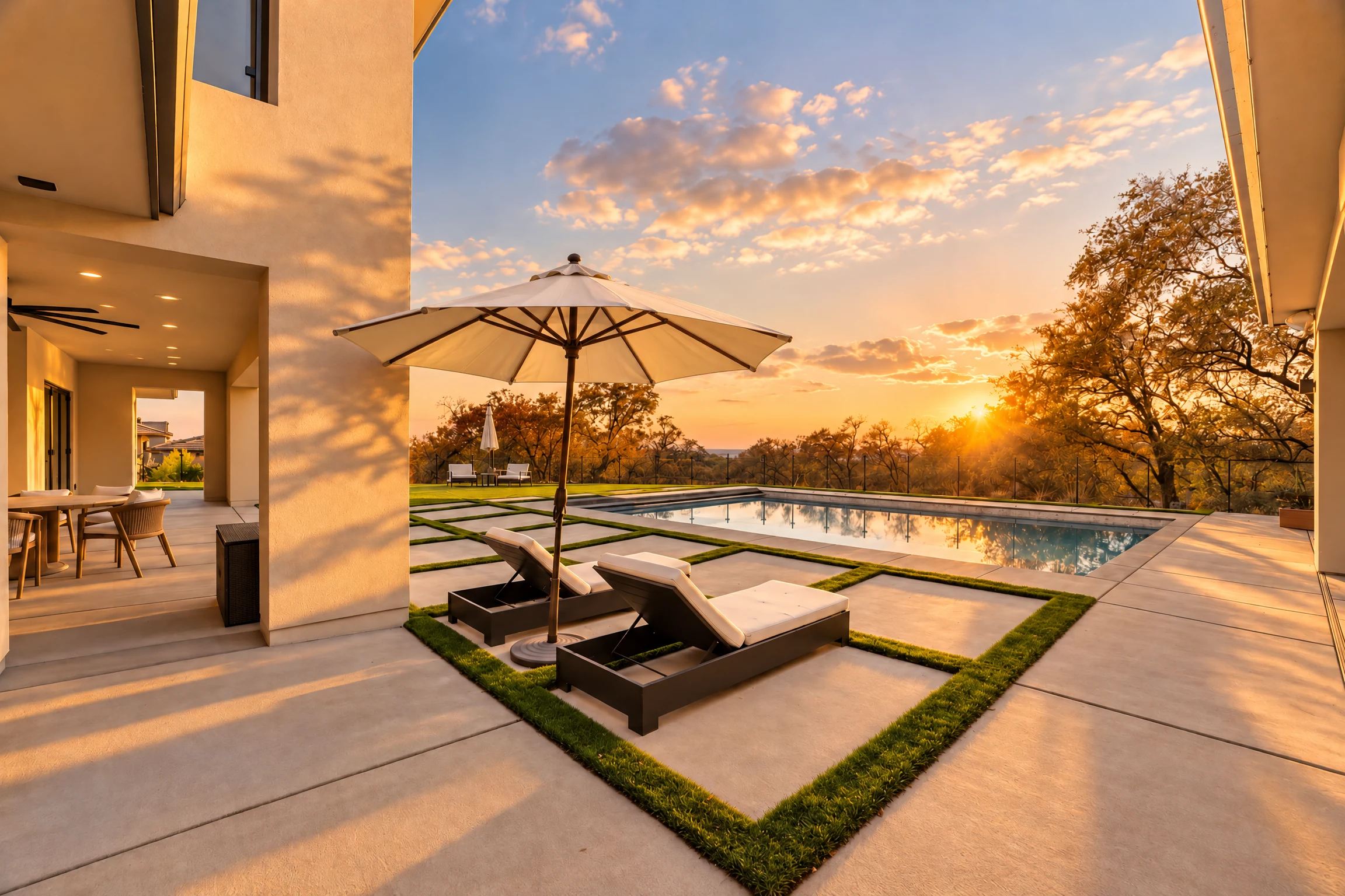 Sunset patio and pool at 5331 Da Vinci Drive with the foreground umbrella open.